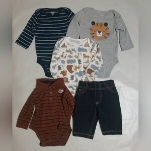 Baby Boys 5-Piece Bodysuit & Pants Set - Neutral Animal & Stripe Prints 3 Months